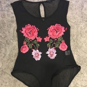 Floral embroidered mesh body suit